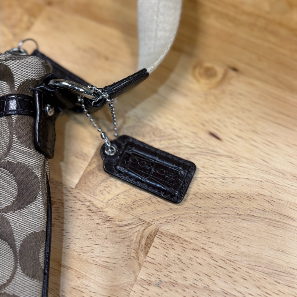 Coach Signature C Brown Tan Crossbody Bag | Leather Trim Small Purse Zip Top - Picture 7 of 12